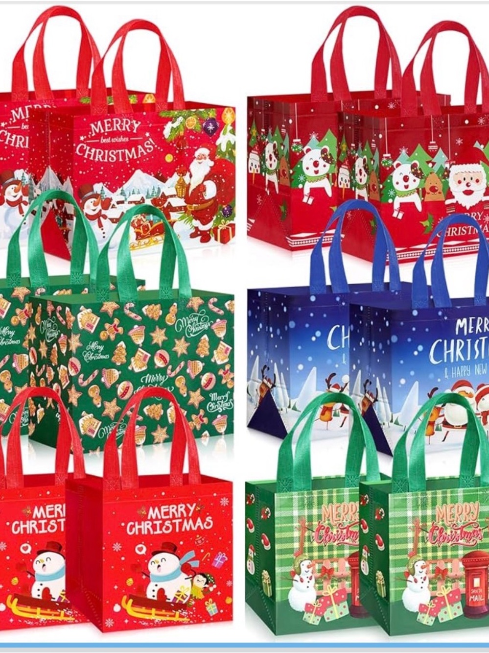 Reusable Christmas Gift Tote Bag - Red, Green, Blue Holiday Designs 12ct